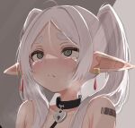  1girl @_@ absurdres barcode barcode_tattoo closed_mouth collar collarbone commentary earrings elf english_commentary frieren green_eyes grey_hair heart-shaped_lock highres jewelry leash long_hair long_pointy_ears looking_at_viewer lucien_000298 parted_bangs pointy_ears solo sousou_no_frieren tattoo tears twintails white_hair 