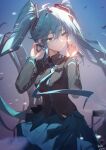  1girl absurdres ahoge black_shirt blue_background blue_eyes blue_hair blue_skirt chinese_commentary collared_shirt commentary_request cowboy_shot double-parted_bangs hair_between_eyes hair_intakes hands_up hatsune_miku highres long_hair long_sleeves parted_lips pleated_skirt shirt skirt solo twintails very_long_hair vocaloid yubo_(youzidmw) 