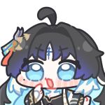  1girl ahoge black_hair blue_eyes blue_hair blush chibi chibi_only commentary_request hair_intakes hair_ornament long_hair looking_at_viewer mole mole_under_eye multicolored_hair open_mouth outline parted_bangs simple_background solo straight-on syurikenmaru tacet_mark_(wuthering_waves) upper_body v-shaped_eyebrows white_hair white_outline wuthering_waves yangyang_(wuthering_waves) yangyang_(xuanling)_(wuthering_waves) 