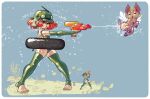  1girl arm_warmers bad_source buhanka-chan chibi chibi_inset green_arm_warmers green_helmet green_one-piece_swimsuit helmet highres holding holding_water_gun one-piece_swimsuit original red_eyes red_hair ribbed_swimsuit ribbed_thighhighs russian_commentary russian_ground_forces shurei_u sticker stirrup_footwear summer swimsuit tagme thighhighs water_gun 
