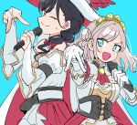  2girls :d a_deru_note bare_shoulders black_hair blue_background blue_eyes blush bridal_gauntlets ceras_yanagida_lilienfeld closed_mouth commentary_request cowboy_shot detached_sleeves dress edel_note edelinien ereka feathers gloves gold_tiara grey_hair hair_bun hat hat_feather highres holding holding_microphone inward_v juliet_sleeves katsuragi_izumi long_hair long_sleeves looking_at_viewer love_live! love_live!_hasu_no_sora_jogakuin_school_idol_club microphone multiple_girls open_mouth puffy_sleeves red_feathers red_hat simple_background single_hair_bun smile strapless strapless_dress sweatdrop two-sided_fabric two-sided_headwear v v-shaped_eyebrows white_bridal_gauntlets white_dress white_gloves white_hat 