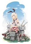  1girl black_hairband black_neckerchief black_panties blonde_hair blue_sailor_collar blue_skirt commentary elbow_gloves flower gloves grey_eyes hair_between_eyes hairband highleg highleg_panties highres illyachi kantai_collection lifebuoy long_hair microskirt neckerchief panties pleated_skirt rensouhou-chan rudder_footwear sailor_collar shimakaze_(kancolle) sitting skirt smile striped_clothes striped_thighhighs swim_ring thighhighs underwear very_long_hair white_flower white_gloves 