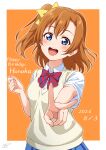  1girl absurdres birthday blue_eyes blue_skirt blush border bow bowtie breasts brown_sweater_vest character_name commentary dated diagonal-striped_bow diagonal-striped_bowtie diagonal-striped_clothes dress_shirt english_text happy_birthday haruharo_(haruharo_7315) highres kosaka_honoka looking_at_viewer love_live! love_live!_school_idol_project medium_hair one_side_up open_mouth orange_background orange_hair otonokizaka_school_uniform plaid_clothes plaid_skirt pleated_skirt red_bow red_bowtie school_uniform shirt short_sleeves signature skirt small_breasts solo striped_bow striped_bowtie striped_clothes summer_uniform sweater_vest teeth upper_body upper_teeth_only v white_border white_shirt 