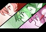  &gt;:) akatsuki_kirika bad_id bad_pixiv_id bangs blunt_bangs closed_mouth face green_eyes green_hair halftone halftone_texture headphones letterboxed maria_cadenzavna_eve multiple_girls pink_eyes pink_hair purple_eyes purple_hair senki_zesshou_symphogear serious smile super-saiya-0173 tsukuyomi_shirabe upper_body v-shaped_eyebrows 