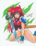  1girl 2021 armor blue_eyes blue_headband boots clenched_teeth commentary commission cowboy_shot english_commentary fingerless_gloves gloves hand_on_floor headband highres holding holding_sword holding_weapon kneeling leotard long_hair mail_(popful_mail) pauldrons pointy_ears popful_mail ravernclouk red_hair second-party_source shoulder_armor signature simple_background solo sword teeth thighs traditional_media weapon white_leotard 