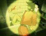  2boys addison_(deltarune) bathroom bathtub black_hair blood blood_on_face blood_on_wall colored_skin curtains deltarune dual_persona flashlight_beam hair_gel highres implied_death looking_at_mirror mirror multiple_boys see-through_curtains shio_tou spamton_g._spamton spamton_g._spamton_(big_shot) utdr_(toby_fox) white_skin 