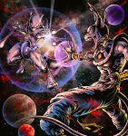  1boy 1other animal_ears armlet battle battle_damage beerus bracer cat_boy cat_ears cat_tail cokiskuldiners colored_sclera colored_skin commentary crossover digitigrade dragon_ball duel earrings energy_ball english_commentary fingernails furry furry_male gold_armlet gold_bracer highres jewelry long_fingernails looking_at_another mewtwo neck_ring open_mouth pants planet pokemon pokemon_(creature) purple_skin saliva sharp_fingernails space tail teeth torn_clothes usekh_collar yellow_sclera 