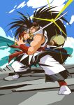  1boy black_hair closed_mouth english_commentary forked_eyebrows full_body glaucosilvaart gourd haoumaru holding holding_sword holding_weapon japanese_clothes katana long_hair looking_at_viewer male_focus muscular muscular_male painttool_sai_(medium) ponytail samurai_spirits shore smile solo sparkle standing sword tabi thick_eyebrows waves weapon 