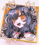  1girl :d animal_ear_headphones animal_ears bare_shoulders belt_collar black_hair black_sweater cat_ear_headphones cat_ears collar commentary_request eyeball_hair_ornament fake_animal_ears headphones highres looking_at_viewer mahou_shoujo_no_majo_saiban multicolored_hair noa_rei off-shoulder_sweater off_shoulder open_mouth orange_background orange_eyes orange_streaks outline portrait sawatari_coco sharp_teeth shikishi short_hair simple_background slit_pupils smile solo star_(symbol) streaked_hair sweater teeth traditional_media white_outline 