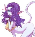  1girl animal_ears aqua_eyes bottomless breasts cat_ears cat_girl commentary_request crop_top cropped_shirt demon_(megami_tensei) heart highres long_hair looking_at_viewer miimmri nekomata_(megami_tensei) paw_pose purple_hair shin_megami_tensei shin_megami_tensei_ii shirt simple_background small_breasts smile solo wavy_hair white_background white_fur yellow_shirt 