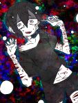  1boy 4nu_833 @_@ bandage_on_face bandages black_hair black_shirt black_shorts bleeding blood clothes_lift cowboy_shot cuts eyebrow_razor hair_between_eyes hands_up holding holding_razor injury male_focus midriff open_mouth original razor self-harm shirt shirt_lift short_hair shorts solo t-shirt teeth thigh_cutting upper_teeth_only wrist_cutting 