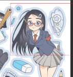  1girl armband arms_behind_back black_hair black_shoes blazer blue_eyes blue_jacket book candy clipboard closed_mouth commentary correction_tape cowboy_shot earrings food glasses grey_skirt hair_ornament hairclip holding holding_behind_back holding_clipboard jacket jewelry lapels loafers long_hair long_sleeves looking_at_viewer mechanical_pencil miniskirt necktie notched_lapels original pandapunch pen pencil pleated_skirt rectangular_eyewear red-framed_eyewear red_armband red_necktie safety_pin school_uniform semi-rimless_eyewear shirt shoes skirt smile solo thick_eyebrows under-rim_eyewear untranslatable_commentary unworn_shoes white_shirt wooden_pencil 