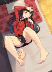  1girl amagi_yukiko arm_up artist_name bare_legs barefoot black_hair breasts clothes_between_thighs commentary english_commentary feet finger_to_mouth foreshortening from_above full_body grey_eyes grey_skirt hairband hand_to_head highres impossible_clothes impossible_shirt indoors kagato007 legs long_hair long_sleeves looking_at_viewer lying medium_breasts miniskirt on_back on_bed parted_lips persona persona_4 plaid_clothes plaid_skirt presenting_foot red_hairband school_uniform shirt skirt soles solo spread_toes thighs toenails toes web_address wooden_floor yasogami_school_uniform 