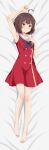  1girl absurdres ahoge arm_above_head armpits bare_legs barefoot black_neckerchief blush brown_hair clenched_hand commentary dakimakura_(medium) dress feet from_above full_body grow_up_show:_himawari_no_circus-dan hand_on_own_chest highres kiniro_tofu looking_at_viewer lying neckerchief on_back orange_eyes red_dress solo toenails toes tsurumaki_mizuka 