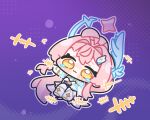  1girl :3 aemeath_(wuthering_waves) ahoge blush_stickers boots chibi chibi_only closed_mouth commentary_request dress full_body hair_intakes hair_ornament halo highres long_hair looking_at_viewer pink_hair pink_halo purple_background solo syurikenmaru very_long_hair white_dress wing_hair_ornament wuthering_waves yellow_eyes 