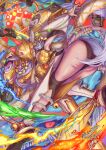  1girl absurdres adversarial_noise animal_ears arm_up armor armpits ass belt bikini_armor black_bodysuit bodysuit breasts cleavage commentary_request covered_eyes detached_sleeves digimon digimon_(creature) earrings facial_mark familiar fang fang_out fox_ears fox_mask full_body gold_armor grey_hair grin highres holding holding_staff jewelry large_breasts long_hair mask mochachiiino multiple_earrings purple_lips purple_nails sakuyamon sakuyamon_x-antibody shakujou shoulder_armor sidelocks signature smile solo staff stomach teeth watermark white_belt white_sleeves x-antibody yellow_armor yellow_collar yellow_mask yin_yang yin_yang_print 