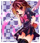  :o ahoge asymmetrical_wings blush bow checkered checkered_background chocolate chocolate_heart dress gradient_hair hand_on_own_face heart houjuu_nue kizami_(welius) looking_at_viewer multicolored_hair open_mouth red_eyes ribbon short_hair short_sleeves solo sparkle thighhighs touhou wings 