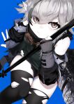  1girl absurdres agavee1010 arknights bare_shoulders black_hair black_shirt black_sleeves black_thighhighs blue_background brown_eyes closed_mouth commentary detached_sleeves elbow_gloves gloves grey_gloves grey_hair hair_between_eyes highres holding infection_monitor_(arknights) long_sleeves looking_at_viewer multicolored_hair partially_fingerless_gloves pointy_ears shirt short_hair signature simple_background skindentation sleeveless sleeveless_shirt solo streaked_hair tail thighhighs tomimi_(arknights) torn_clothes torn_thighhighs 