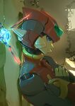  1boy armor blonde_hair commentary_request crossed_arms cyber-elf_x_(mega_man) forehead_jewel helmet highres long_hair mega_man_(series) mega_man_zero_(series) omochi_(mochi_skymega) profile red_armor red_helmet solo_focus upper_body x_(mega_man) zero(z)_(mega_man) zero_(mega_man) 