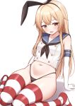  1girl absurdres anchor_hair_ornament black_hairband black_neckerchief black_panties blonde_hair blue_sailor_collar brown_eyes commentary_request crop_top elbow_gloves gloves hair_ornament hairband highleg highleg_panties highres kantai_collection leaning_back long_hair looking_at_viewer navel neckerchief no_pants paid_reward_available panties sailor_collar shimakaze_(kancolle) shirt simple_background sitting sleeveless sleeveless_shirt smile solo striped_clothes striped_thighhighs thighhighs thighs tiemu_(man190) underwear wariza white_background white_gloves zettai_ryouiki 