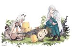  1boy 1girl animal_ears animal_nose bird commentary_request grass head_tilt long_hair mahina_(octopath_traveler) mushroom ochette_(octopath_traveler) octopath_traveler octopath_traveler_ii octopuff_traveler_(octopath_traveler) on_ground owl shoes short_hair sitting smile squatting tail temenos_mistral thinking tsugarot white_background white_hair 