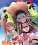  2girls bare_shoulders baseball_cap bikini black_bikini black_hands black_hat blue_sky blush body_markings breasts chaldea_nankai_dai_kessen choker cleavage colored_extremities commentary_request crossed_bangs cup demon_girl demon_horns dress dress_swimsuit drinking_glass fate/grand_order fate_(series) floral_print green_eyes green_jacket grey_hair grin habetrot_(fate) habetrot_(swimsuit_pretender)_(fate) hair_between_eyes hat height_difference high_ponytail hirai_yukio holding holding_cup horns inflatable_armbands jacket lilith_(fate) lilith_(swimsuit_rider)_(first_ascension)_(fate) long_hair long_sleeves looking_at_another medium_breasts multicolored_jacket multiple_girls navel nipi27 off_shoulder official_art orange_dress pink_hair pink_jacket pointy_ears ponytail red_eyes sidelocks size_difference sky smile stomach_tattoo straw_hat swimsuit tattoo thigh_strap two-tone_jacket zipper_bikini zipper_pull_tab 