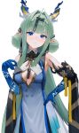  1girl absurdres arknights arknights:_endfield bare_shoulders blue_eyes blue_hands blush breasts cleavage commentary_request detached_sleeves dress green_hair hair_bun hair_intakes hand_on_own_hip highres horns huashengjiang_gan_lao_mian multicolored_hair pointy_ears si_(arknights) small_breasts solo streaked_hair white_background 