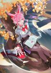  1girl against_tree animal_ears asymmetrical_gloves black_gloves book book_on_lap bow bowtie breasts commentary_request evanescia_(honkai:_star_rail) feet_out_of_frame flower fox_ears fox_girl from_above gloves hair_between_eyes hair_flower hair_ornament highres holding holding_book honkai:_star_rail honkai_(series) in-universe_location jacket lapistone looking_at_viewer medium_breasts mismatched_gloves moon offering_hand open_book open_mouth pantyhose pink_hair purple_eyes red_bow red_bowtie reflection reflective_liquid shirt short_hair_with_long_locks sitting skirt smile solo thigh_strap tree water white_gloves white_jacket white_shirt 