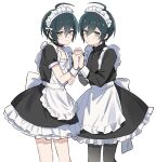  2boys ahoge alternate_costume apron black_choker black_dress black_hair black_pantyhose choker collarbone commentary_request crossdressing crossdressing_(mtf) danganronpa_(series) danganronpa_v3:_killing_harmony dress dual_persona enmaided frilled_apron frilled_choker frilled_dress frills highres holding_hands long_sleeves looking_at_viewer maid maid_apron maid_headdress male_focus male_maid miruku_(saihara_suki) multiple_boys pantyhose puffy_short_sleeves puffy_sleeves saihara_shuichi short_sleeves simple_background smile waist_apron white_apron white_background wrist_cuffs 