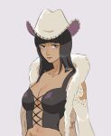  1girl absurdres artist_name black_hair blue_eyes breasts cleavage coat commentary cowboy_western crop_top cross-laced_clothes cross-laced_top eiriseth eyelashes hat highres looking_at_viewer medium_hair nico_robin one_piece simple_background solo upper_body white_coat white_hat 