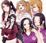  3girls baby_5 black_hair boa_hancock breasts brown_hair charlotte_pudding commentary_request dress drill_hair earrings evil_smile extra_eyes highres jewelry juliet_sleeves long_sleeves multiple_girls multiple_views natsuki_shio one_piece puffy_sleeves purple_dress simple_background smile snake_earrings straight_hair twintails upper_body white_background 