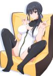  1girl absurdres agatsuma_kei alice_gear_aegis black_eyes black_hair black_thighhighs breasts circle_cutout cleavage cleavage_cutout clothing_cutout commentary_request companion/af couch covered_collarbone double_fox_shadow_puppet fox_shadow_puppet front_zipper full-length_zipper highleg highleg_leotard highres large_breasts leotard long_hair looking_at_viewer m_legs multicolored_leotard race_queen simple_background solo spread_legs thighhighs tubamesaapoo turtleneck turtleneck_leotard two-tone_leotard white_background white_leotard zipper zipper_leotard zipper_pull_tab 