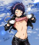  1girl arms_up artist_name audio_jack belt black_choker black_hair black_jacket black_pants boku_no_hero_academia bracelet breasts breasts_day choker clothes_lift cloud cloudy_sky commentary_request cowboy_shot cropped_jacket diagonal_bangs english_text facial_mark fingerless_gloves gloves headphones highres jacket jewelry jiro_kyoka leather leather_jacket leather_pants lifting_own_clothes long_earlobes long_sleeves looking_at_viewer navel nipples pants parted_lips pink_shirt satoshi_donald shirt shirt_lift short_hair signature sky sleeves_rolled_up small_breasts solo spiked_bracelet spikes stomach studded_belt studs sweat teeth translation_request twitter_username white_gloves 