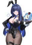  1girl absurdres animal_ears ass_visible_through_thighs between_breasts black_jacket black_leotard black_pantyhose blue_eyes blue_hair blue_necktie blunt_bangs breasts cleavage closed_mouth clothes_between_breasts colored_inner_hair commentary covered_navel detached_collar emoooojiiii fake_animal_ears hair_intakes hand_on_own_hip highleg highleg_leotard highres holding holding_tray hololive hololive_english jacket kronie_(ouro_kronii) large_breasts leotard long_hair multicolored_hair necktie necktie_between_breasts ouro_kronii pantyhose playboy_bunny plunging_neckline rabbit_ears simple_background sleeve_cuffs smile solo strapless strapless_leotard suit_jacket thigh_strap tray untranslatable_commentary virtual_youtuber white_background 