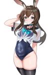  1girl :d absurdres akmo_sama alternate_costume amiya_(arknights) animal_ears arknights arm_behind_back arm_up black_one-piece_swimsuit black_sailor_collar black_thighhighs blue_bow blue_bowtie blue_collar blush bow bowtie brown_hair chinese_commentary collar collarbone commentary covered_navel cowboy_shot crop_top grin groin hair_between_eyes hand_in_own_hair highres long_hair looking_at_viewer one-piece_swimsuit sailor_collar shirt short_sleeves simple_background skindentation smile solo standing swimsuit thighhighs tied_shirt white_background white_shirt 