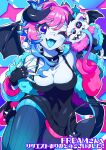  1girl bandaid bandaid_on_face bandaid_on_nose black_dress black_gloves black_horns blue_eyes blue_hair blue_nails blue_skin blue_tongue breasts cleavage collar colored_skin colored_tongue commentary_request demon_girl demon_horns demon_tail demon_wings dress eyeshadow fang fangs fingerless_gloves fream_(vtuber) fuji_tarawi fur-trimmed_jacket fur_trim gloves heterochromia highres horns indie_virtual_youtuber jacket large_breasts looking_at_viewer makeup multicolored_hair one_eye_closed pink_hair sharp_teeth skin_fang skin_fangs solo spiked_collar spikes tail teeth virtual_youtuber wings 