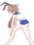  1girl absurdres ass black_hairband black_neckerchief black_panties blue_sailor_collar blue_skirt brown_hair commentary_request cosplay crop_top feet_out_of_frame from_behind hair_ribbon hairband highleg highleg_panties highres kantai_collection kazagumo_(kancolle) long_hair microskirt miniskirt neckerchief panties pleated_skirt ribbon sailor_collar shimakaze_(kancolle) shimakaze_(kancolle)_(cosplay) shirt simple_background skirt sleeveless sleeveless_shirt solo stretching thong thong_panties tsuru_(thunder_tsuru) underwear white_background 