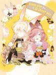  2girls animal_ears arknights blonde_hair braid brown_hair chengjing_de_lanmeipai closed_eyes commentary cropped_torso cup fingerless_gloves frills gloves gradient_hair highres holding holding_cup jacinta_(arknights) leaning_on_person multicolored_hair multiple_girls pink_hair rabbit_ears rabbit_girl saucer single_braid smile teacup thumpy_(arknights) untranslatable_commentary yellow_eyes 