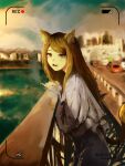  1girl :3 absurdres against_railing animal_ear_fluff animal_ears battery_indicator blue_pants cat_ears cat_girl cat_tail cigarette commentary_request highres kdhmasteryi long_sleeves nishi_kaoruko outdoors pants parted_lips railing recording shirt slit_pupils smile smoke solo swept_bangs tail viewfinder white_shirt yani_neko yellow_eyes 