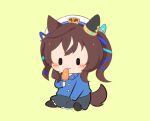  1girl :3 :p animal_ears black_skirt black_socks blue_shirt blush brown_hair chibi chibi_only closed_mouth commentary_request double-parted_bangs ear_covers food frilled_skirt frills full_body gomashio_(goma_feet) hat holding holding_food holding_popsicle horse_ears horse_girl horse_tail licking long_hair long_sleeves multicolored_hair popsicle shirt simple_background single_ear_cover single_hair_streak sitting skirt socks solo streaked_hair tail tongue tongue_out twintails umamusume white_hat white_streaks yellow_background |_| 