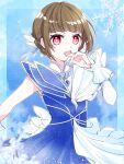  1girl blue_background blue_dress blunt_bangs brown_hair commentary dress frilled_dress frills highres icy_(love_live!) kachimachi_kosuzu kanduki_kamibukuro looking_at_viewer love_live! love_live!_hasu_no_sora_jogakuin_school_idol_club open_mouth pink_eyes short_hair sidelocks single_sleeve snowflakes solo v-shaped_eyebrows virtual_youtuber 
