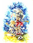  2girls apron black_dress blonde_hair braid commentary_request crystal_wings dress flandre_scarlet hat kirisame_marisa multiple_girls nigana_(gentianblue) red_skirt red_vest ribbon side_ponytail skirt touhou vampire vest white_ribbon wings witch_hat 