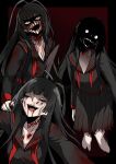  1girl absurdres antenna_hair black_hair blood blood_on_face blue_archive breasts bruise cleavage commentary_request fang fangs highres hime_cut horror_(theme) injury long_hair looking_at_viewer multicolored_hair multiple_persona nagai_negi open_mouth school_uniform serafuku solo streaked_hair tears teeth tsurugi_(blue_archive) very_long_hair 