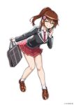  1girl bag black_jacket blush breasts brown_hair brown_shoes commission eyebrows_hidden_by_hair flower green_eyes hair_between_eyes hair_flower hair_ornament highres jacket kagami_(haret46) leaning_forward loafers looking_at_viewer medium_breasts medium_hair necktie open_mouth original ponytail red_necktie red_skirt school_bag school_uniform shirt shoes simple_background skeb_commission skirt smile smug socks solo teeth white_background white_shirt white_socks 