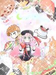  1boy 1girl :3 akujiki-san akujiki-san_no_gohan beret big_hair black_dress black_eyes black_hat burger cake chicken_(food) closed_mouth colored_eyelashes commentary_request crescent curry curry_rice dress ear_piercing earrings food fork fruit green_eyes grey_necktie hair_ornament hairclip hat highres holding holding_fork holding_knife holding_plate jewelry katsudon_(food) kikuzuma_hiroki knife long_hair low_twintails necktie noodles nori_(seaweed) official_art omelet omurice piercing pinafore_dress plate pom_pom_hat_ornament ramen red_scarf rice roast_chicken sandwich sanpaku scarf shirt short_hair sleeveless sleeveless_dress sparkle star_(symbol) strawberry sushi sweatdrop takuan tsukiyoshi_kyuuji twintails unajuu_(food) very_long_hair white_shirt yellow_shirt 