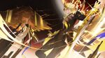  3boys abstract_background absurdres antenna_hair blonde_hair closed_mouth commentary_request covered_face cracked_skin dawnmaker_(honkai:_star_rail) feet_out_of_frame halo halo_behind_head highres honkai:_star_rail honkai_(series) hush_(xoxo_hush) long_hair multiple_boys nanook_(honkai:_star_rail) outstretched_arms phainon_(honkai:_star_rail) phainon_(khaslana)_(honkai:_star_rail) short_hair sword weapon zephyro 