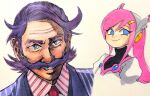  1boy 1girl 619_rkt blue_eyes eyelashes facial_hair highres humanization kirby:_planet_robobot kirby_(series) long_hair looking_at_viewer max_profitt_haltmann mustache pink_hair purple_hair smile susie_(kirby) white_background 