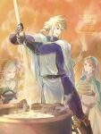  1boy 3girls :3 belt blonde_hair blue_eyes bowl brown_hair cape cat cauldron closed_eyes closed_mouth commentary_request conupuni_nuno food holding holding_bowl isla_(octopath_traveler) laurana_(octopath_traveler) low_ponytail multiple_girls nun octopath_traveler octopath_traveler:_champions_of_the_continent octopath_traveler_0 ponytail rondo_(octopath_traveler) saoirse_(octopath_traveler) smile steam watermark white_cape 