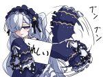  1girl afterimage bare_shoulders black_ribbon blue_dress blue_hairband bow closed_mouth commentary_request crescent crescent_necklace dress dress_bow frilled_dress frilled_hairband frilled_sleeves frills gothic_lolita hair_over_one_eye hair_ribbon hairband highres holding holding_paper jewelry lolita_fashion lolita_hairband long_hair long_sleeves looking_at_viewer mahou_shoujo_no_majo_saiban making-of_available natsume_an-an necklace off-shoulder_dress off_shoulder one_eye_covered paper polka_dot polka_dot_bow purple_eyes ribbon simple_background sleeve_bow sleeves_past_fingers sleeves_past_wrists solo sudamasakikita translation_request upper_body white_background white_hair wide_sleeves 