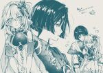  1boy 1girl :< aranara_(genshin_impact) armlet armor asymmetrical_sidelocks behind_another belt bishounen bloomers blunt_ends blush bodysuit bridal_gauntlets closed_mouth commentary_request couple cross-shaped_pupils detached_sleeves dress eyelashes gem genshin_impact grey_background hair_intakes hair_ornament hand_on_another's_hand hand_on_another's_stomach head_tilt heart heart_hair_ornament hetero highres japanese_armor japanese_clothes jewelry kimono kote leaf leaf_hair_ornament leg_warmers long_hair looking_at_another looking_at_viewer looking_to_the_side middle_ring monochrome multiple_views nahida_(genshin_impact) onigiri_po_0205 open_clothes open_hand open_kimono open_mouth pointy_ears rope scaramouche_(genshin_impact) short_dress short_sleeves shorts side_cape side_ponytail sidelocks sitting sitting_between_legs symbol-shaped_pupils translation_request tsurime turtleneck turtleneck_bodysuit vision_(genshin_impact) wanderer_(genshin_impact) white_background wispy_bangs 